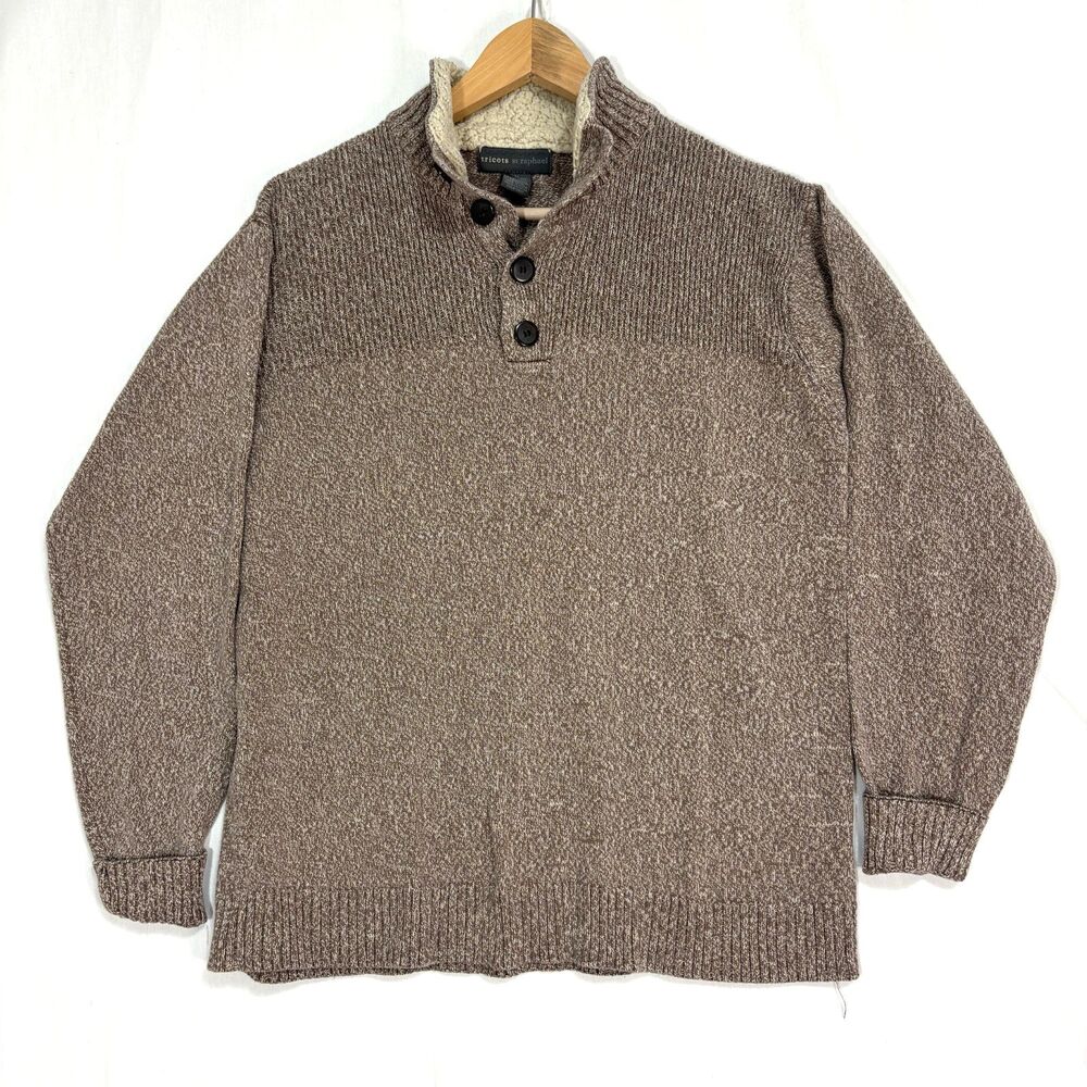 Vtg Tricots St Raphael Sweater Brown Marl Mock Neck Sherpa Lined Grandpa Cabin M